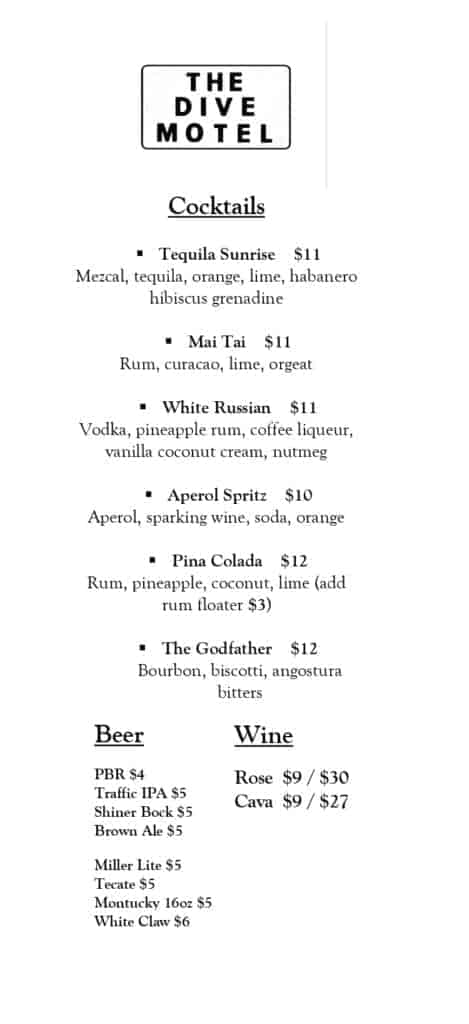 Menu The Dive Motel